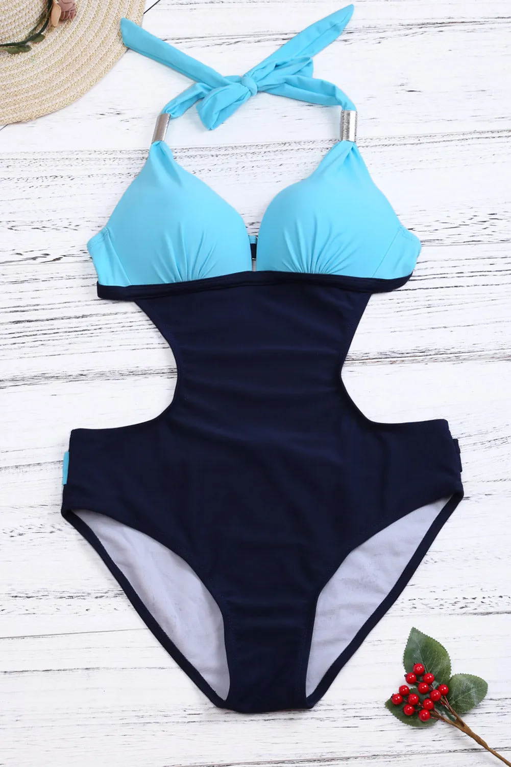 Blue Push-up Halter One-piece Swimwear